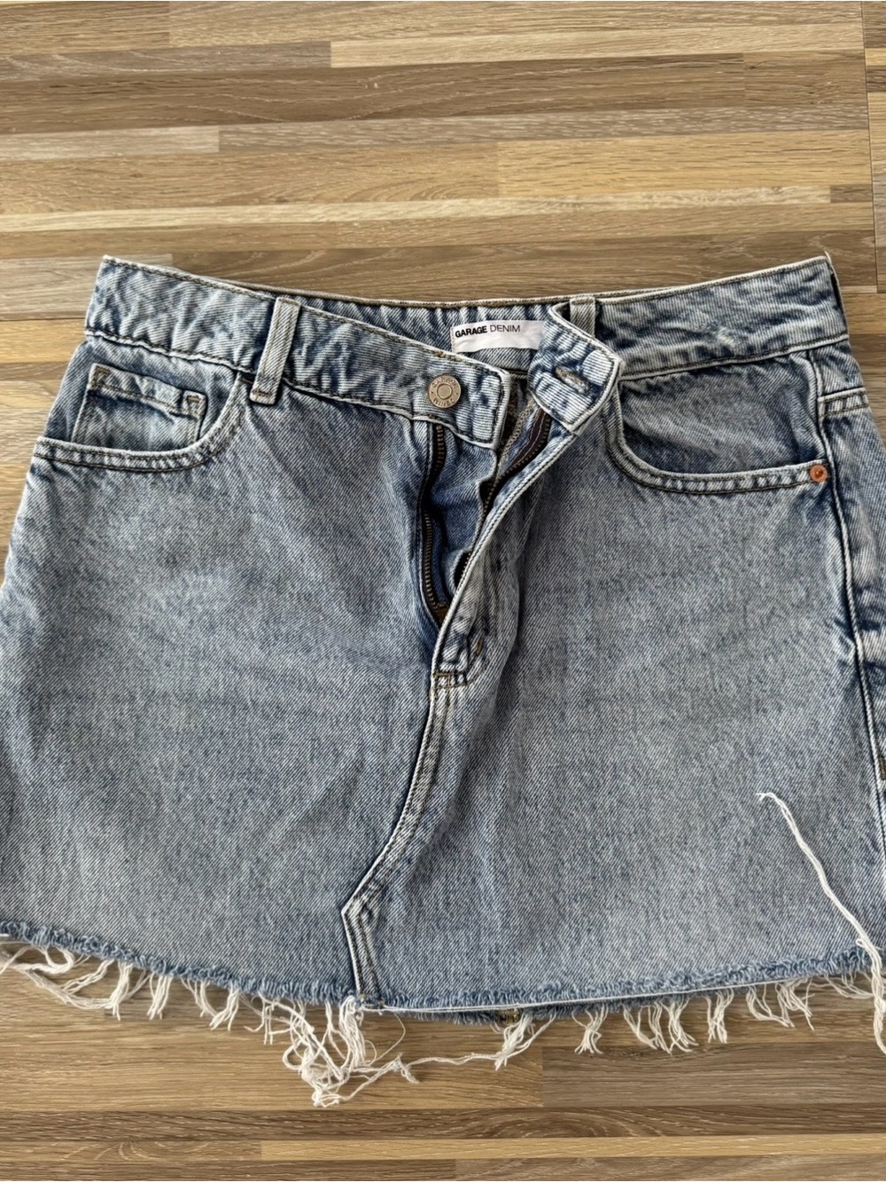 GARAGE Light Blue Denim Skirt with Branded Button